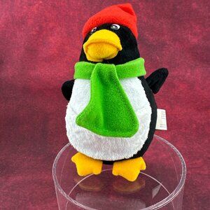 BLACK AND WHITE PENGUIN CHRISTMAS STUFFED PLUSH TOY WITH GREEN SCARF 7"
